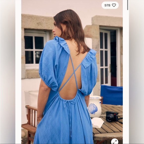 Free People Kaylyn Midi Dress Blue Open Back Short Puff Sleeve Midi Dress NWOT - Picture 9 of 11